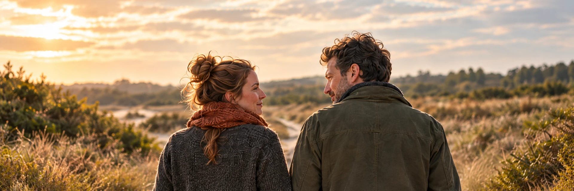 Jessica en Benjamin kijken samen naar elkaar in de duinen tijdens het gouden uur