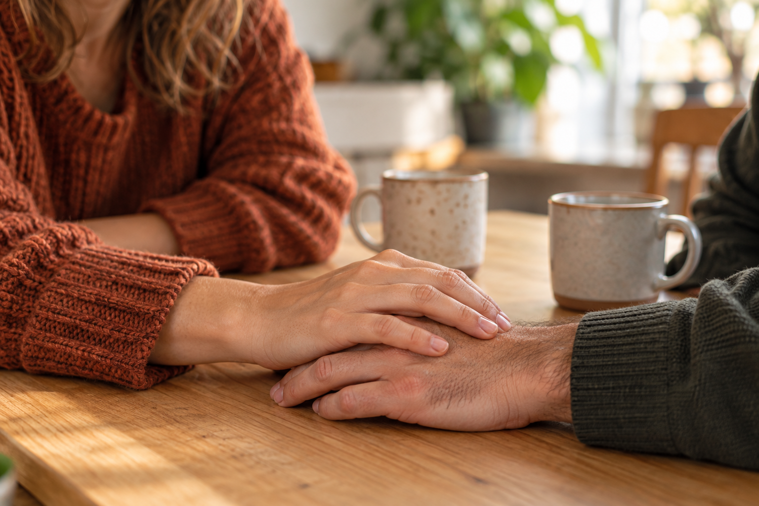 Een troostende hand tijdens een gesprek aan tafel